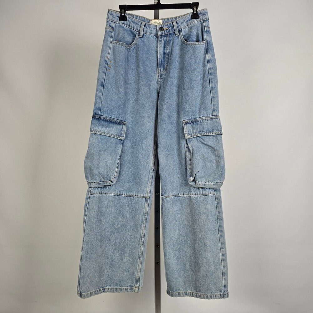 Kuwalla Low Rise Cargo Wide Leg Light Wash Jeans Size 28